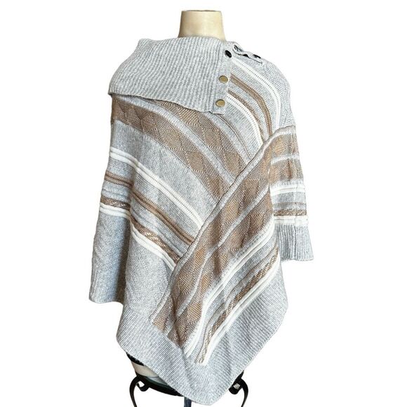 White House Black Market Poncho Shawl Wool Blend‎ Fair Isles Gray Gold Knit XS - Picture 1 of 6